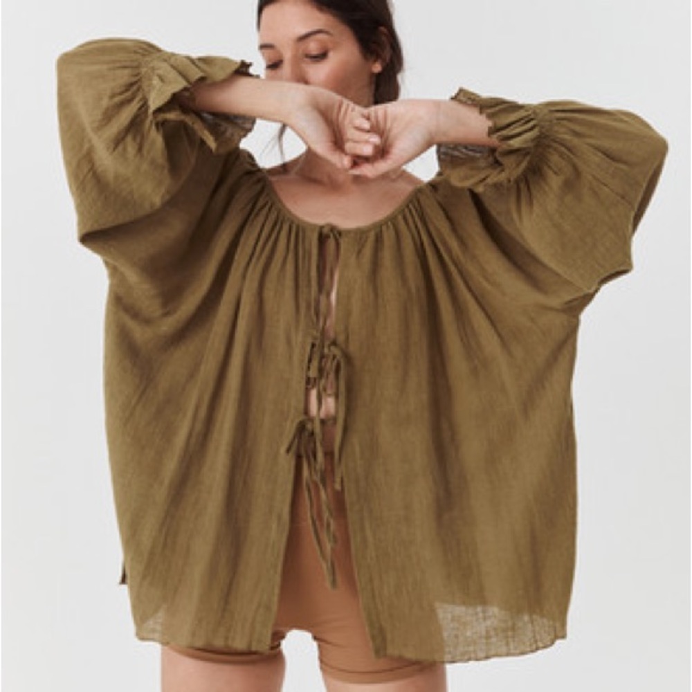 Opia Bette Tie Top - Khaki Indian Cotton